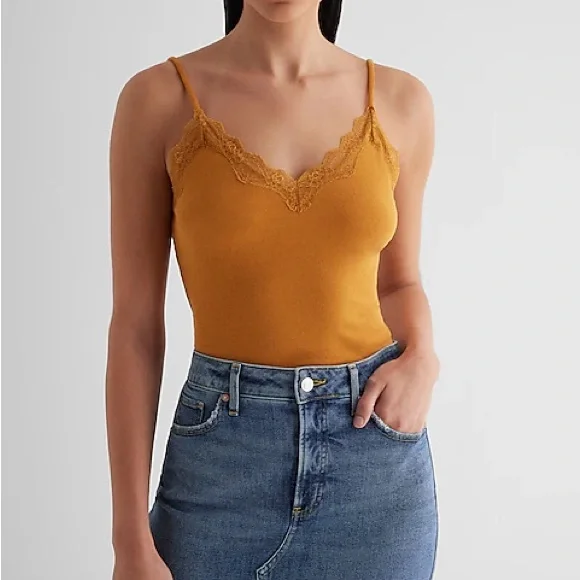 Tops Express Lace Trim Cami Ribbed Fitted Vneck Size L Nwt